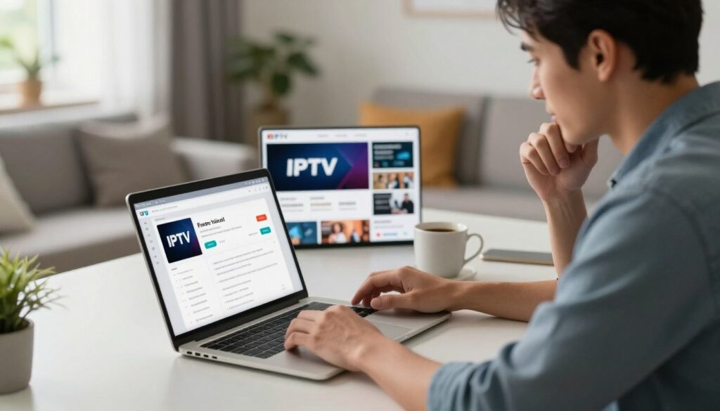 A focused scene depicting a customer sitting at a modern desk, intently reviewing an IPTV free trial and payment terms on a sleek laptop. In the foreground, the customer, dressed in smart casual attire, is examining details on the screen, with a thoughtful expression. The middle ground features various IPTV promotional materials neatly arranged, showcasing logos and service features, while a cup of coffee sits beside the laptop. The background reveals a cozy home office with soft, natural lighting filtering in through a window, creating a warm and inviting atmosphere. The perspective is slightly angled to highlight both the customer and the laptop, emphasizing the important decision-making moment. The mood is serious yet optimistic, reflecting the anticipation of finding the perfect streaming plan.